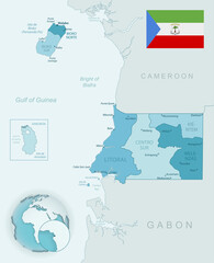 Blue-green detailed map of Equatorial Guinea administrative divisions with country flag and location on the globe.