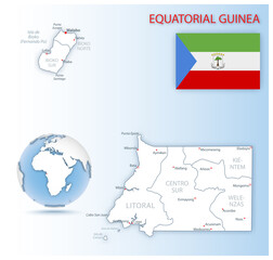 Detailed map of Equatorial Guinea administrative divisions with country flag and location on the globe.