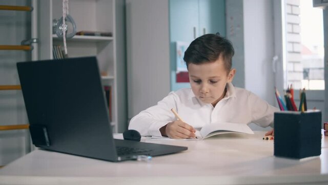 Little kid studying online using his laptop