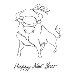 Bull Continuous one line drawing. Chinese New Year 2021 Year of the Ox 
drawn in a modern minimalist style, hand-signed. Black outline vector graphics.