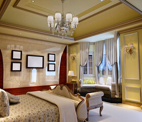 3d render of hotel room, classic design.