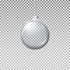 Vector realistic transparent Christmas ball on isolated background. Template of glass transparent Christmas ball. Vector object for design, mock-up. Shiny toy with silver glow. - 389752615