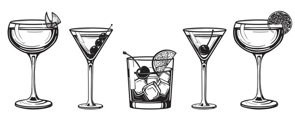 Cocktails alcoholic daiquiri, old fashioned, manhattan, martini, sidecar glass hand drawn engraving vector illustration. Isolated black and white vintage style drinks set. - 389752629