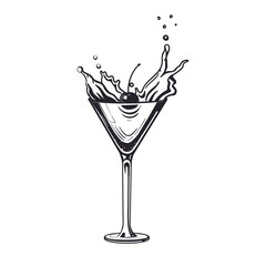 Splash manhattan glass cocktail engraving alcohol drink with cherry. Hand drawn black and white isolated vector illustration vintage style. - 389752651