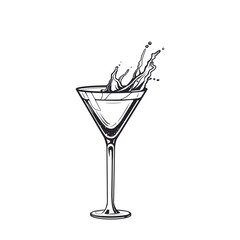 Cocktail daiquiri splash drink glass hand drawn engraving vector illustration. Alcoholic isolated black and white vintage style drink.  - 389752677