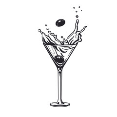 Splash martini glass cocktail  engraving alcohol drink with olive. Hand drawn black and white isolated vector illustration vintage style.  - 389752690