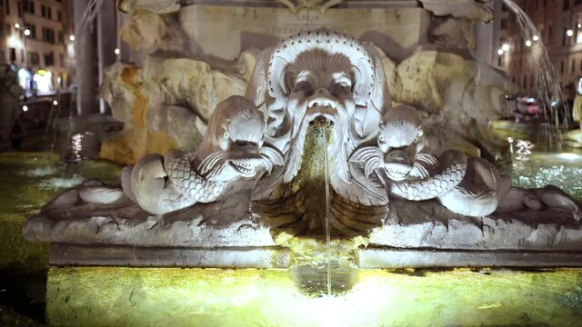 Close-up of marble flowing water fountain in the city centre of Rome, medieval animal sculptures decorating italian fountains. Amazing illuminated monuments at night, Roman sightseeing and