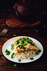 Rice with scrambled eggs, chicken and green onion