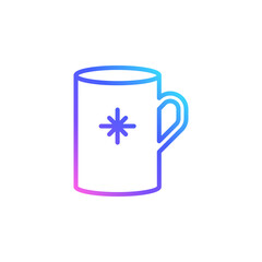 Cute mug vector icon in bright color gradient. Porcelain cup with a snowflake isolated on white background. Minimalist line art in blue, violet and pink.