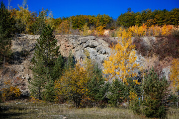 Autumn forest, Mountains on a sunny day, Solvay quarries (Solvayovy lomy), Saint John under the Cliff (Svaty Jan pod Skalou), Czech Republic