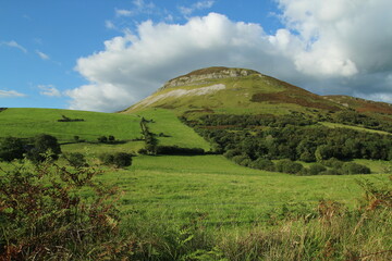 Landscape at Calry, County Sligo, Ireland featuring Keelogyboy Mountain, woodlands and green fields