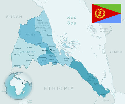 Blue-green detailed map of Eritrea administrative divisions with country flag and location on the globe.