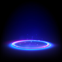 Glow neon circle. Blue glowing ring on floor. Abstract hi-tech background for display product. Vector template.