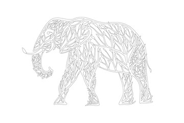 Elephant shape made from tree leaves. Coloring page