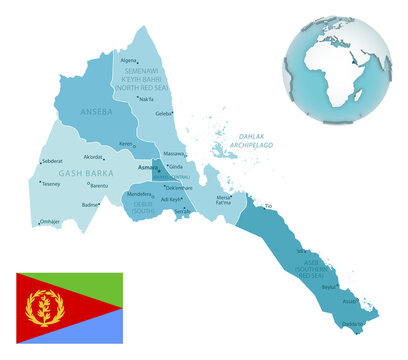 Eritrea administrative blue-green map with country flag and location on a globe.