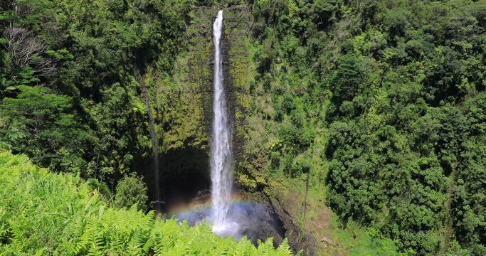 4k locked off stationary motion of Akaka Falls, Beautiful pristine nature landscape showing the famous 442 foot scenic waterfall,big island,Hawaii,USA