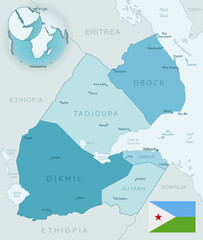 Blue-green detailed map of Djibouti administrative divisions with country flag and location on the globe.