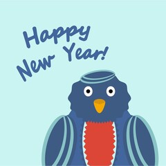 Happy New Year bright, colorful greeting card with a blue bird snowman and greeting text.