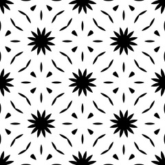 Black, white floral pattern, geometric wallpaper , seamless texture with flat ornament, decorative illustration with simple elemets