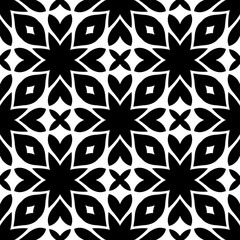 Black, white floral pattern, geometric wallpaper , seamless texture with flat ornament, decorative illustration with simple elemets
