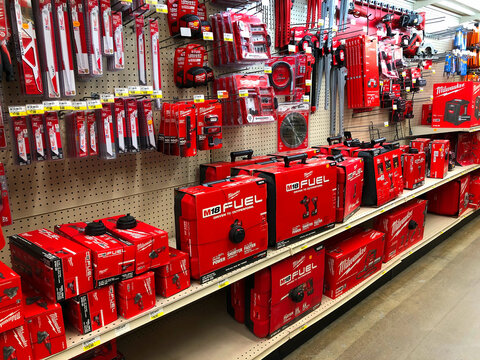 BEMIDJI, MN - 29 JUL 2019: Milwaukee power tools on display in retail store. The Milwaukee Electric Tool Corporation produces power tools and hand tools.