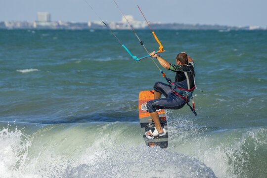 BURGAS, BULGARIA - Aug 17, 2020: Extreme freestyle Kitesurfing in the bay of Burgas