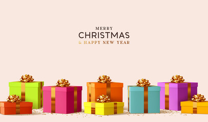 Merry Christmas and Happy New Year design. Realistic pile gifts boxes. Big lot gift box decorative festive object. Holiday banner, web poster, flyer, stylish brochure, greeting card. Xmas background
