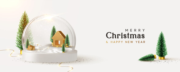 Happy New Year and Merry Christmas banner. Xmas Snowball with trees and house. Glass snow globe realistic 3d design. Festive Christmas object. vector illustration