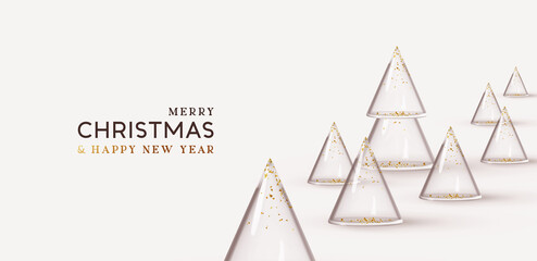 Merry Christmas and Happy New Year. Xmas design realistic 3d glass cone abstract christmas trees with gold confetti glitter. vector illustration