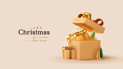Realistic beige gifts boxes. Open gift box full of decorative festive object. New Year and Christmas design. Holiday banner, web poster, flyer, stylish brochure, greeting card, cover. Xmas background