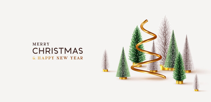 Abstract minimal christmas design, golden metallic cone spiral tree, realistic holiday green and white fir pine-tree. Xmas decorative 3D objects. Christmas and New Year background. vector illustration