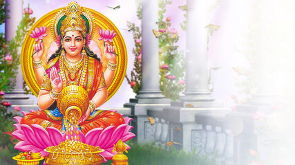 Laxmi Mata With Pot of Gold Coins falling from it on occasion of Diwali  For Laxmi Puja