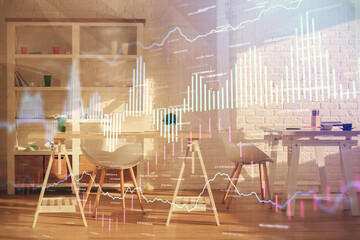 Double exposure of financial graph drawing and office interior background. Concept of stock market.