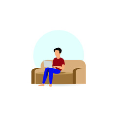 vector illustration of man working at home using laptop