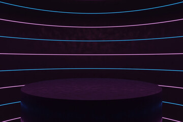 3d rendering dark scene with podium, ping and plue neon lights