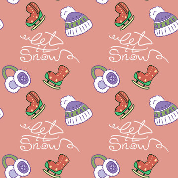 Let it snow text on pink backdrop. Christmas seamless pattern for wallpaper, wrap paper, sleeper, bath tile, apparel or bed linen. Phone case or cloth print. Doodle style stock vector illustration