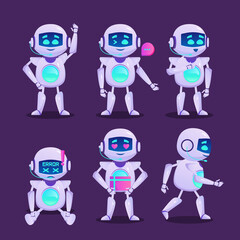 Cute robot character in different poses. Vector set of cartoon chat bot, funny electronic cyborg looks through magnifying glass, delivers mail, thinks about idea. Creative emoji set, smart mascot