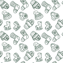 Warm mitten and socks on white backdrop. Christmas seamless pattern for wallpaper, wrap paper, sleeper, bath tile, apparel or bed linen Phone case or cloth print Doodle style stock vector illustration