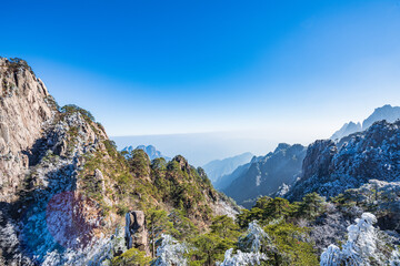Fototapeta na wymiar Mountains and rime in winter in Huangshan Scenic Area, Anhui, China
