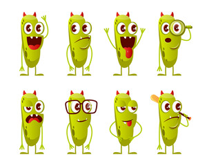 Small cartoon green  cute monsters with red horns in different poses. Set of image.