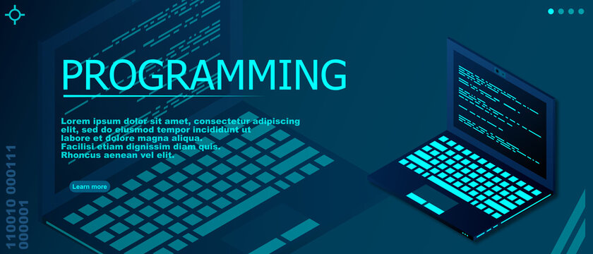 Programming or Software development web page template. Vector illustration with laptop isometric view and program code on screen. Programming concept. vector illustration