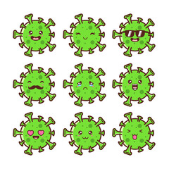 Obraz premium Corona-virus green emoticon vector set. Ncov covid19 corona virus flat cartoon icon and emoji with naughty and dizzy facial expressions isolated in white background. Vector illustration.