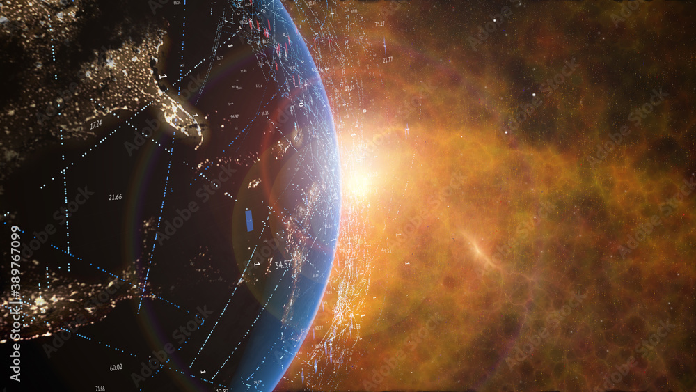 Wall mural earth from space with digital grid