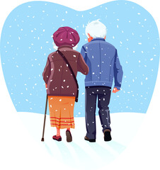  Senior Couple Walking Through Snow in Winter