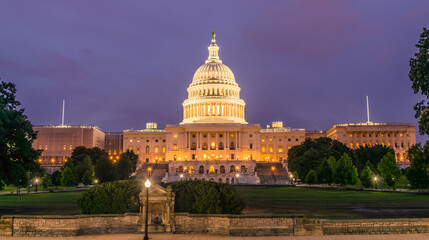 The West face of the US Capitol Building illuminated 