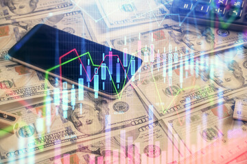 Double exposure of forex graph drawing over us dollars bill background. Concept of financial markets.
