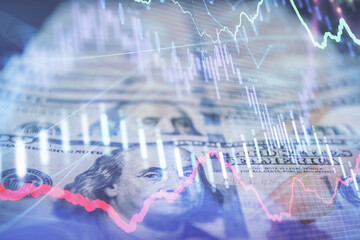 Double exposure of forex graph drawing over us dollars bill background. Concept of financial markets.