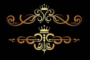 Royal crown with wings, set, decorative ornament patterns on a black background for your design, vintage, close-up, vector graphics