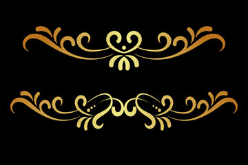 Gold calligraphic elements, floral ornament on a black background for your design, close-up, vector graphics