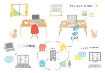 テレワークとオンラインミーティングの手描きイラストセット（カラー）